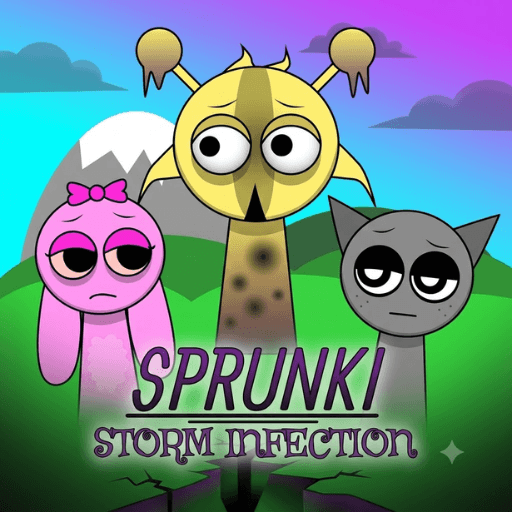The cover art for the game Sprunki Storm Infection Phase 3 features the three characters Wenda, Pinky, and Gray with expressions of panic.